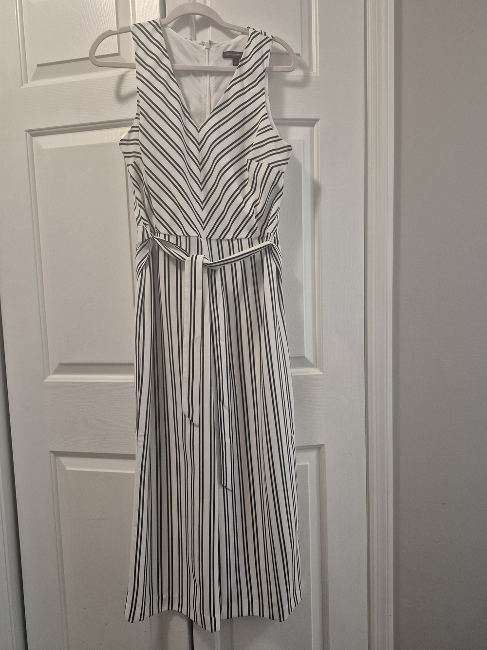 Banana Republic White Midi Dress with Black Stripes and Waist Tie